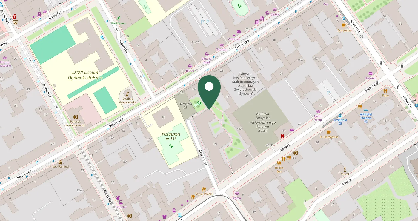 Mapa okolicy z pinezką na Siłce — Stalowa 39, Praga Północ, Warszawa
